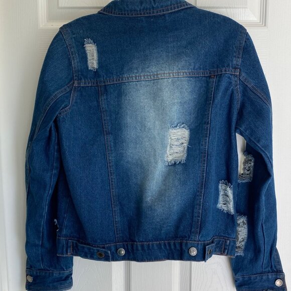 Taxi Womens Distressed Denim Jacket With Ripped Details Long Sleeves & Button Fr - Picture 12 of 15